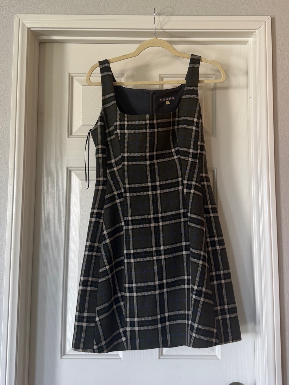 Alexa Chung Plaid Wool Mini Dress EUC Green blue green tartan dark academia